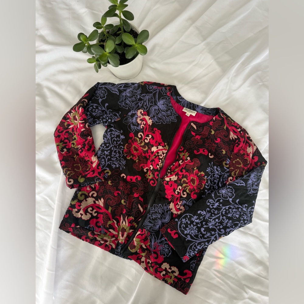 Norm Thompson Red and Black Floral Jacket, size Large